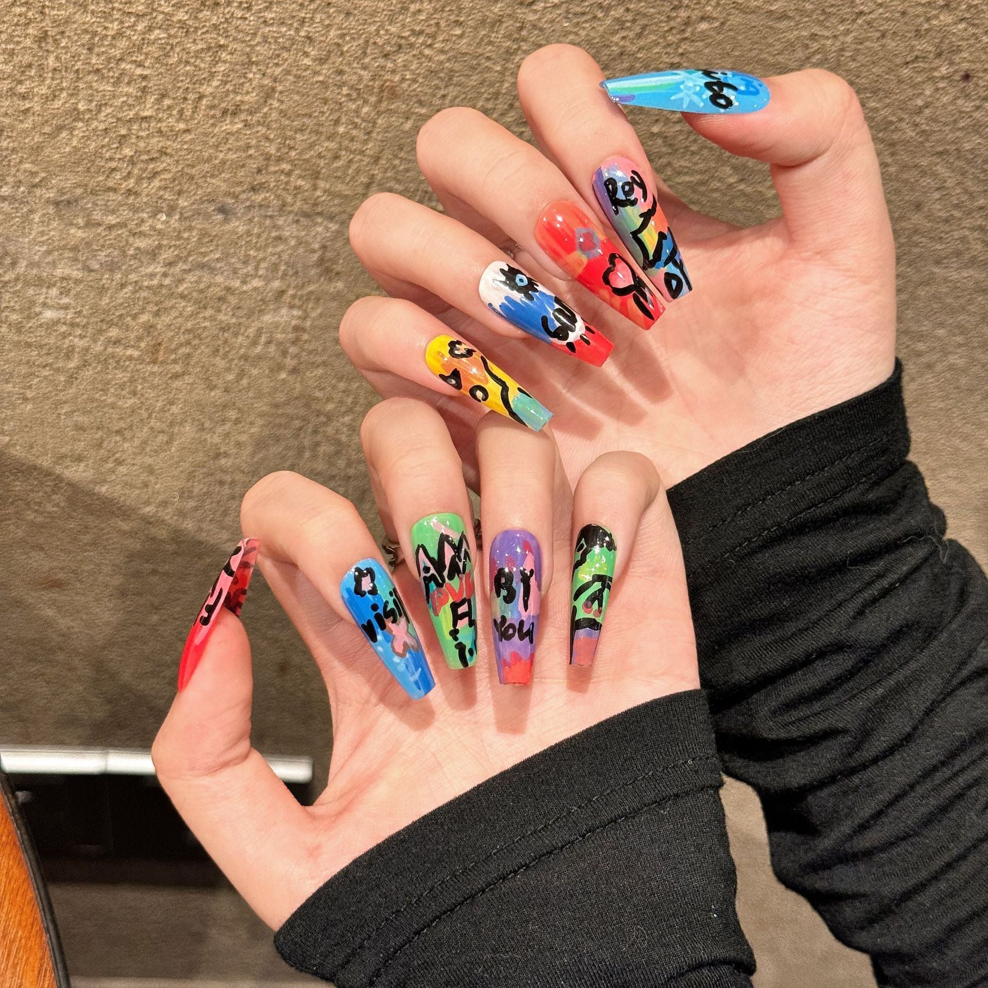 Unhas postiças artesanais com estampa de unhas Spice Girl, ensaio colorido, série de pinturas a óleo Graffiti, unhas postiças removíveis | 365nails