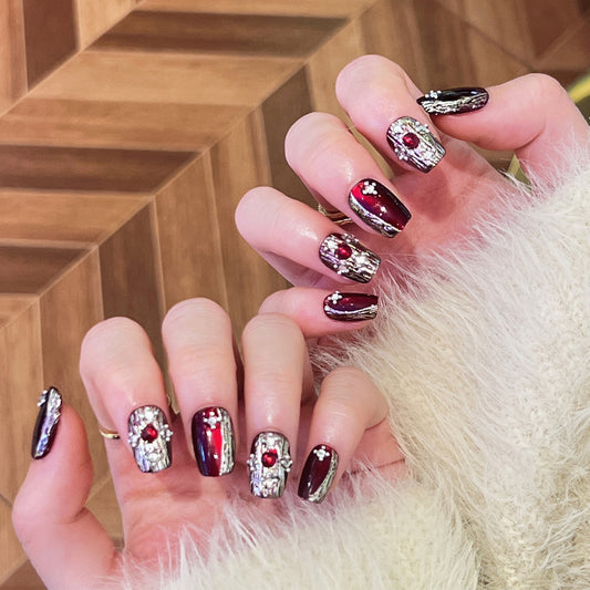 Retro light luxury gemstone cat eye manicure fake nails sub-size red press on nails flash diamond flash nail piece finished product wholesale｜365nails