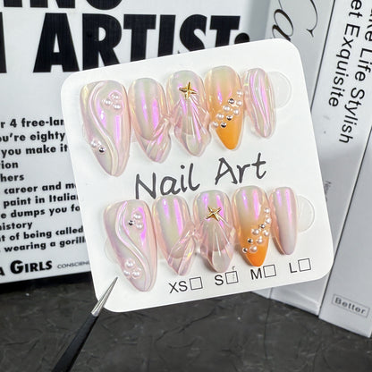Handmade Press-on Nails Summer Aurora French Almond Turtle Tail Pearl Relief Nail Art Finished Products Factory Wholesale｜365nails