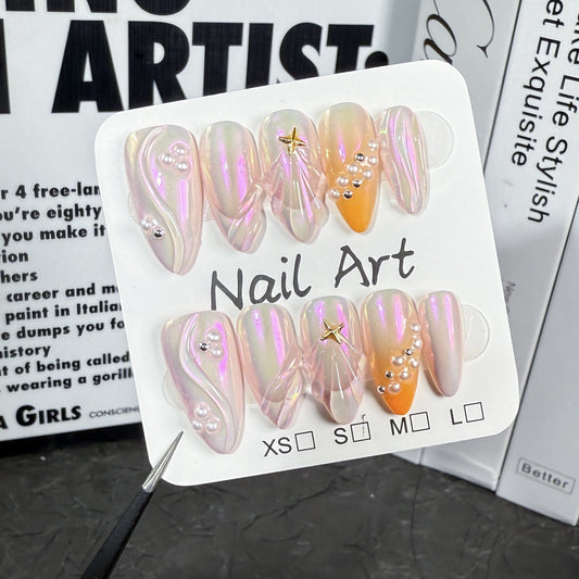 Handmade Press-on Nails Summer Aurora French Almond Turtle Tail Pearl Relief Nail Art Finished Products Factory Wholesale｜365nails