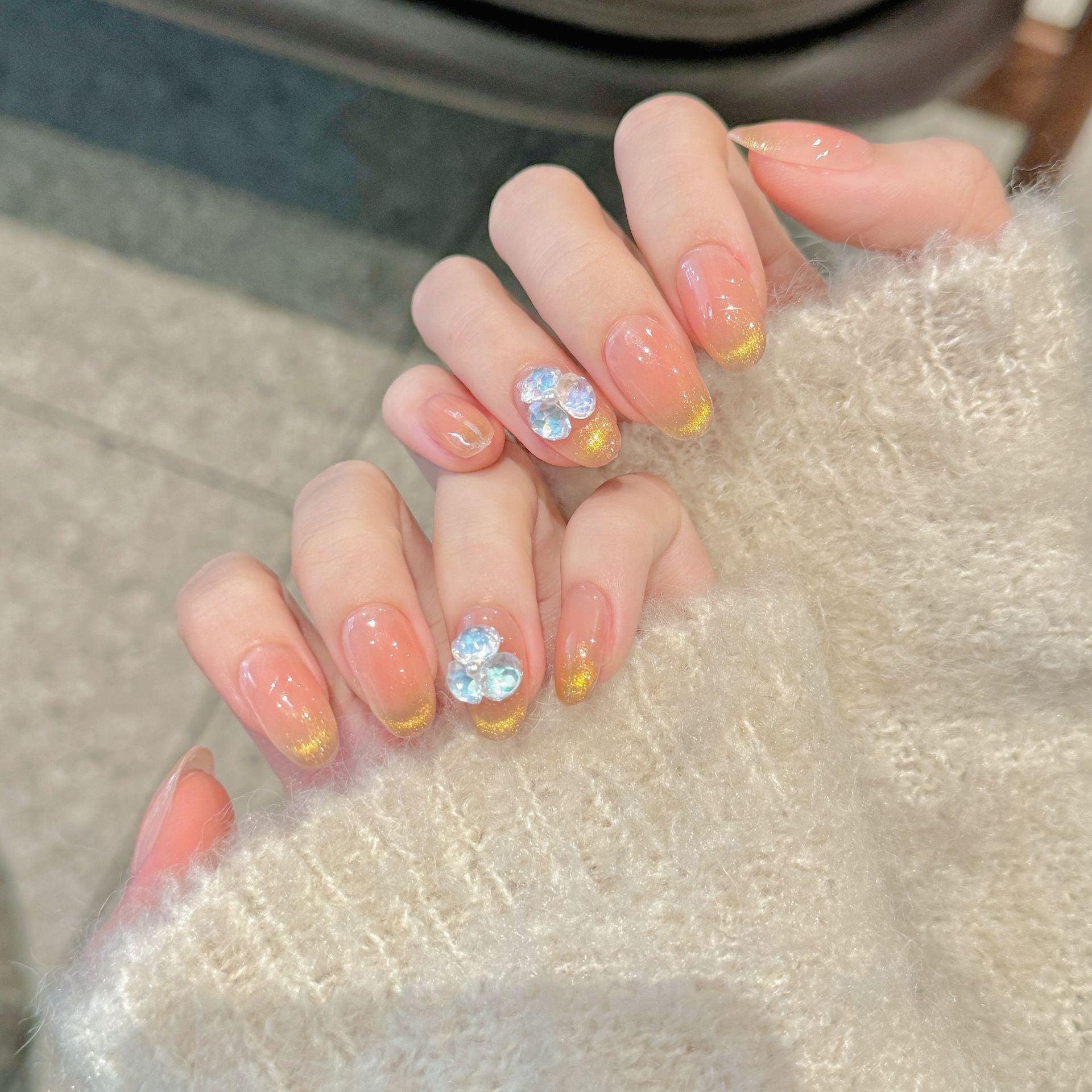 365nails: "Sunset Aura" – Iridescent Cat Eye & Crystal Flower Handmade Almond Nails