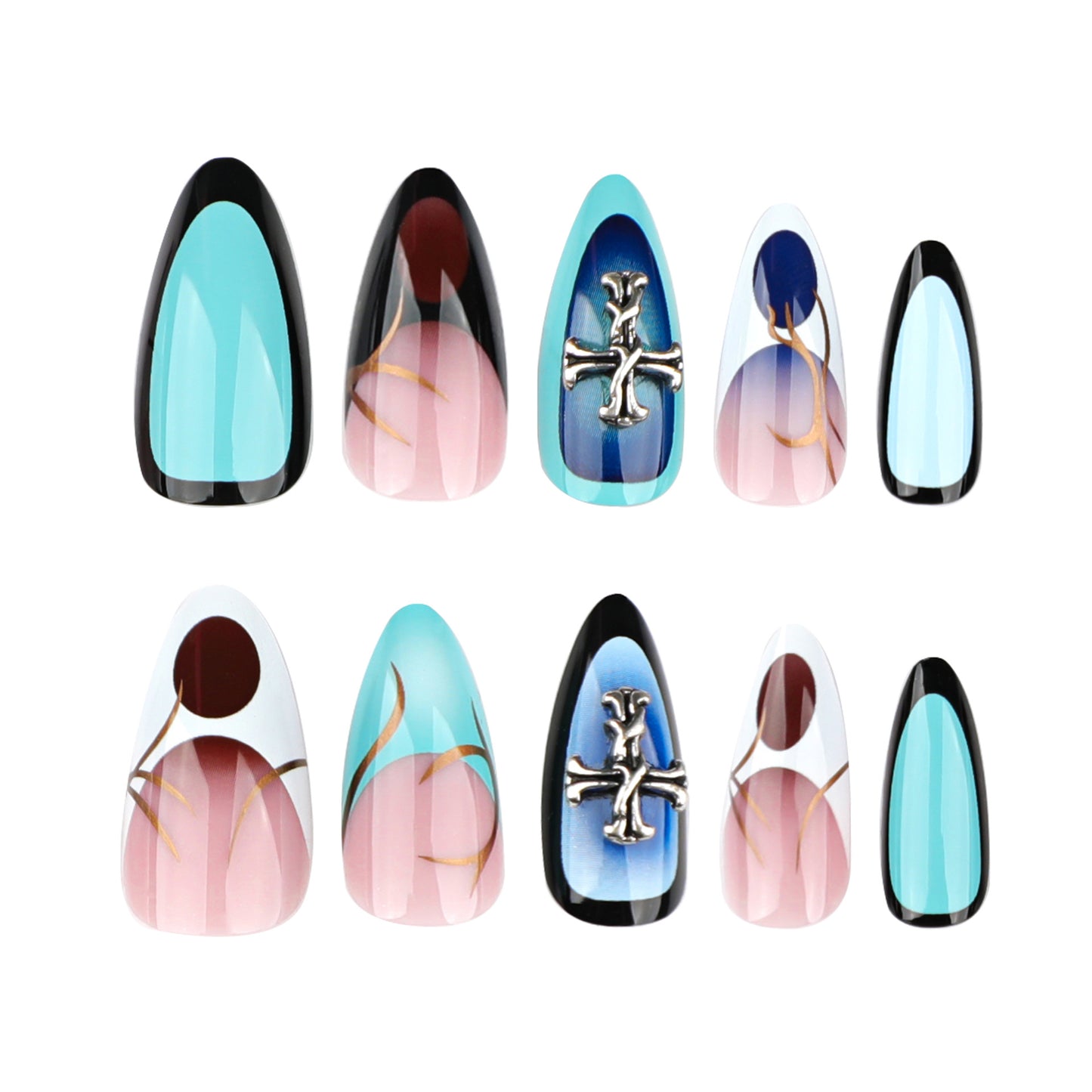 Millennium Style Nail Art French Almond Fake Nails  Cross Wearing Nail Short Removable Nail Piece｜365nails