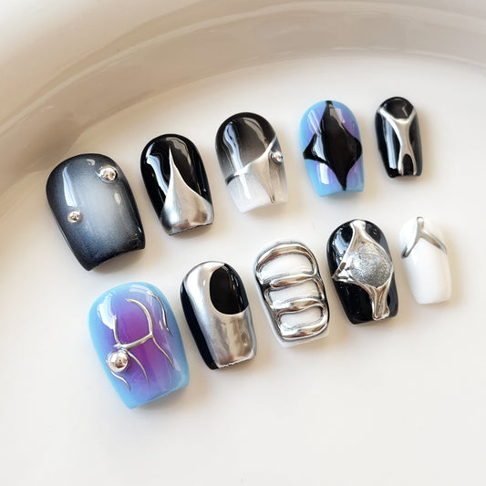 AI Mechanical Ji Cyberpunk Style Handmade Press-on Nails   Metal Sense Short Nail Art｜365nails