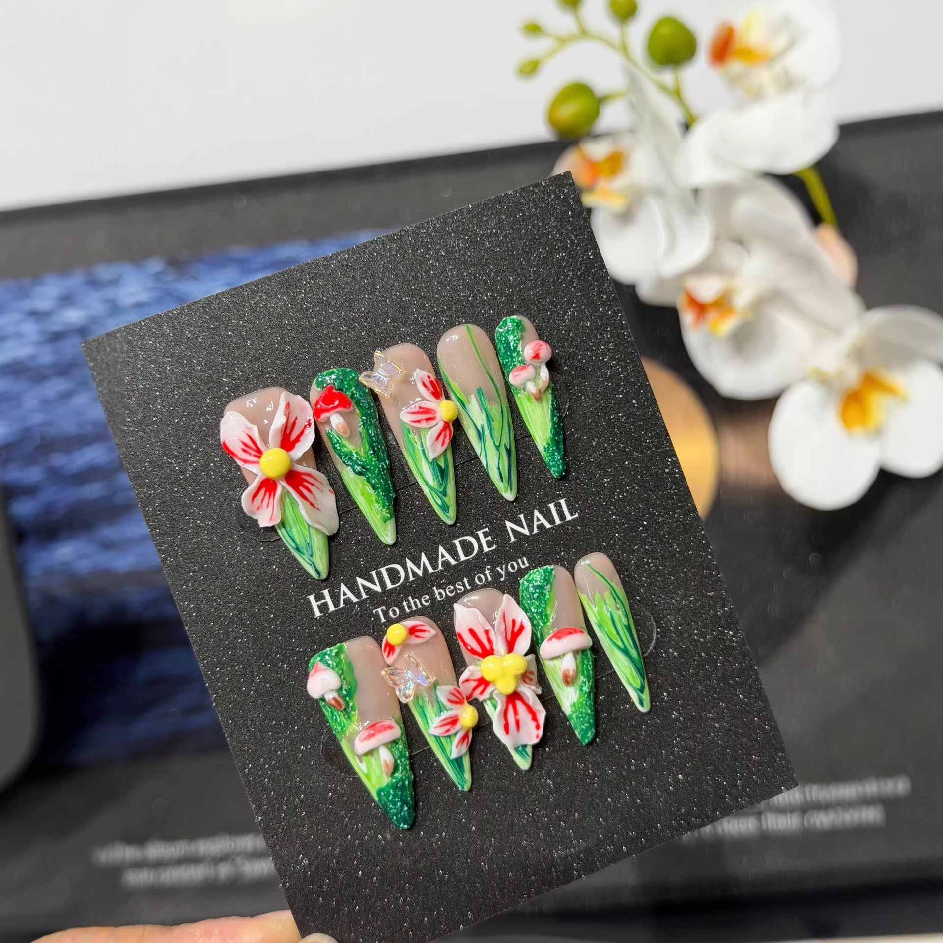 Tropical Escape Collection: "Plumeria Paradise" – Medium Almond Press-On Nails