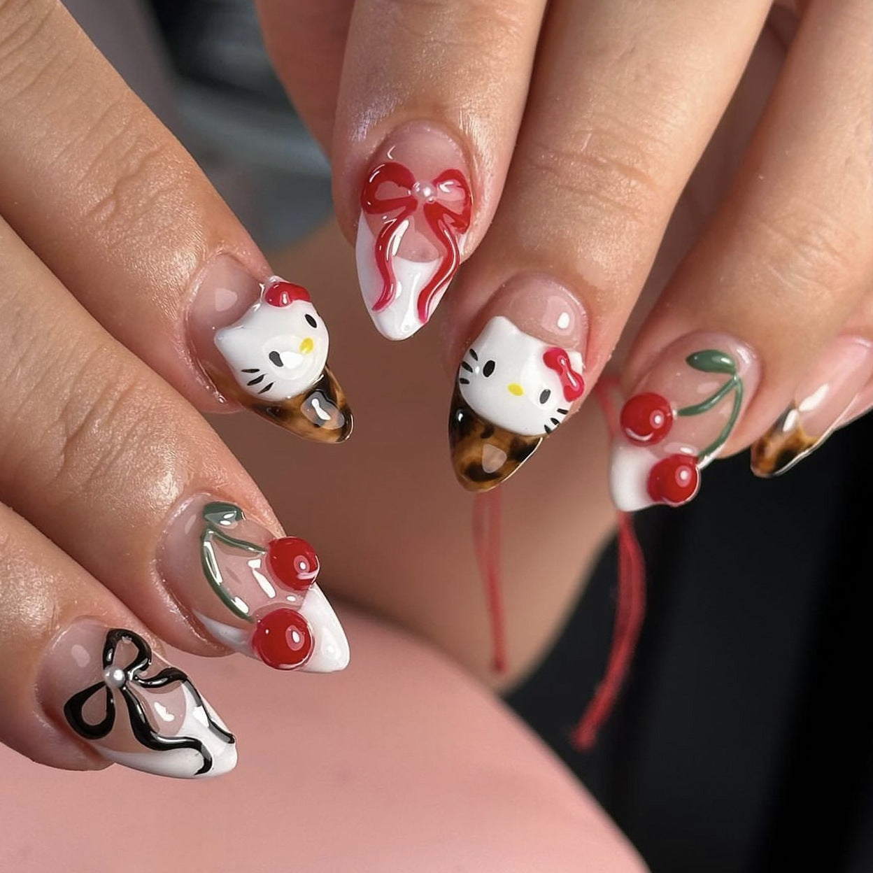 3D three-dimensional bow press on nails removable French manicure cute cherry nail piece short almond nail piece｜365nails