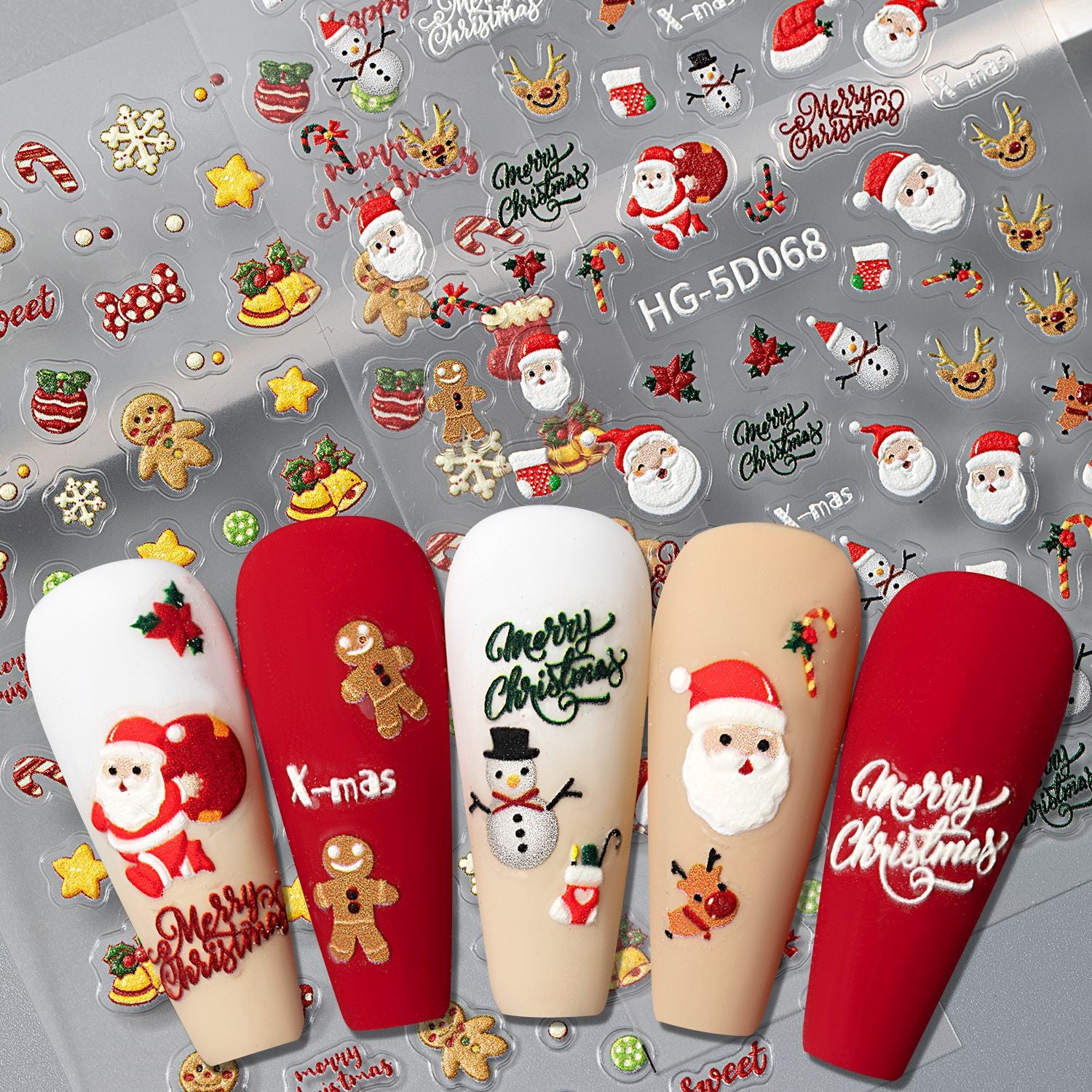 Happy Christmas Nail Art Sticker 5D Embossed Three-dimensional Snowman Santa DIY Nail Sticker Ornament HG