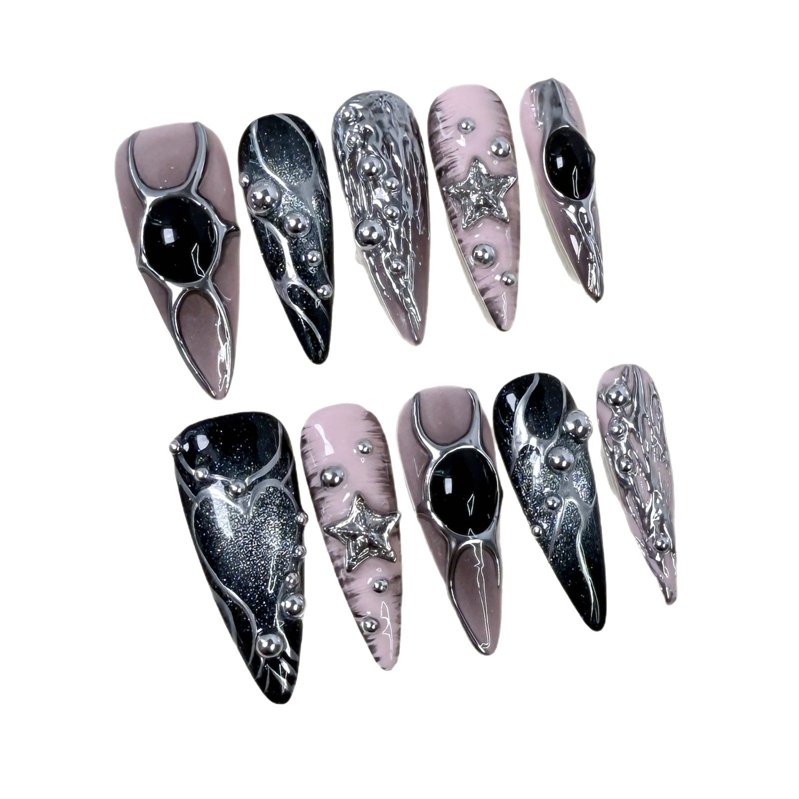 Futuristic Press-On Nails with Chrome Details and Star Accents