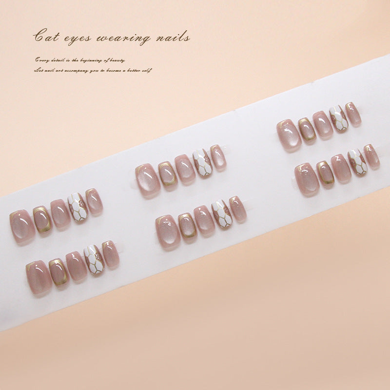 Nail Tips  prefabricated nail, gold line press on nails, light pink, sweet cat eye removable nail piece, short nail ｜365nails