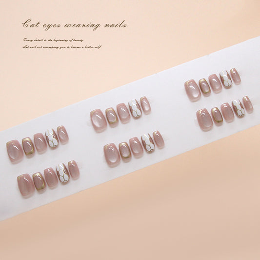Nail Tips  prefabricated nail, gold line press on nails, light pink, sweet cat eye removable nail piece, short nail ｜365nails