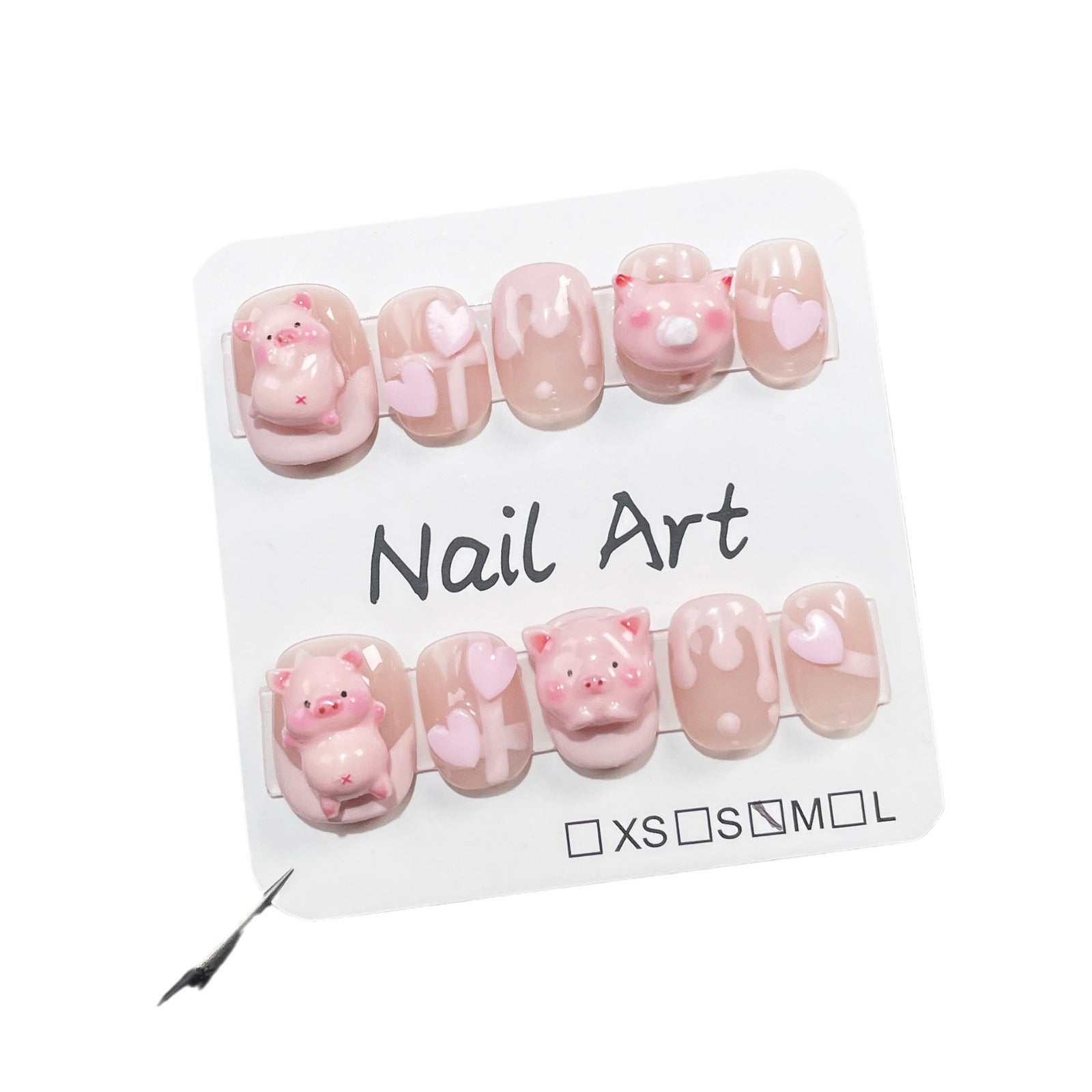 Uñas postizas hechas a mano, diseño de cerdito dulce y tierno, uñas cortas, uñas francesas, pegatinas para usar, uñas Yiwu Nail Art｜365nails