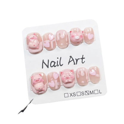 Handmade Press-on Nails Sweet and Cute Pig Short Nail Art Hand Painted French Wearable Nail Sticker Yiwu Nail Art｜365nails