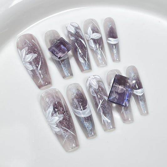 Ice through cat eye long  hand-painted relief flower Handmade press on nails  ｜365nails
