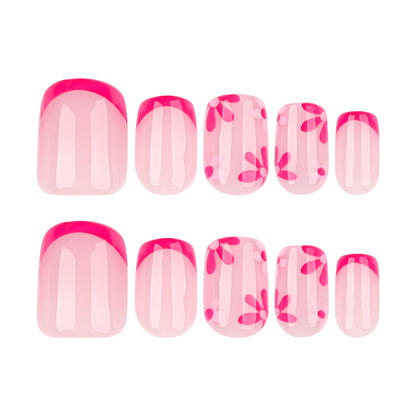 Unhas postiças francesas vermelhas simples, curtas e quadradas, com flor fresca, atacado ｜365nails