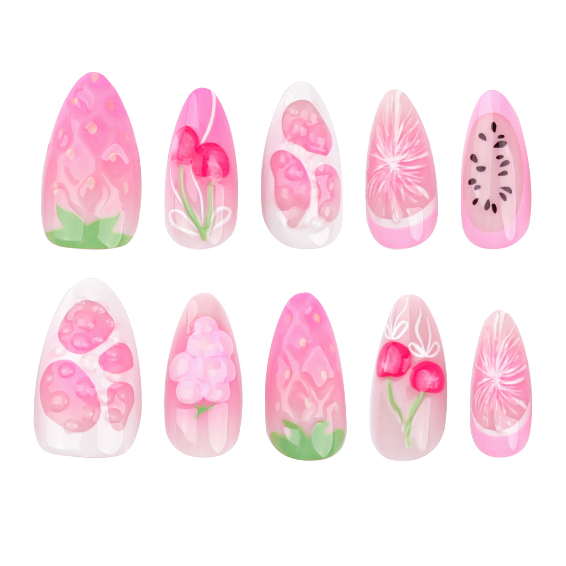 Sweet pink fresh fruit wearing nail cherry strawberry nail art fake nail 3D popular nail patch