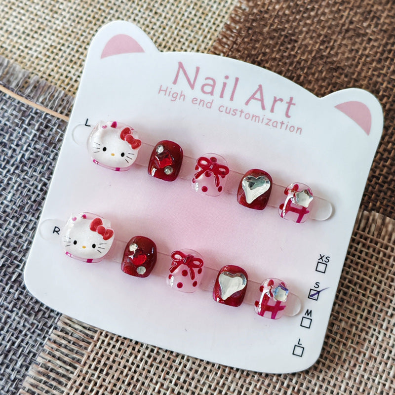 365nails: "retro cherry kitty" – short squoval handmade kids press-on nails