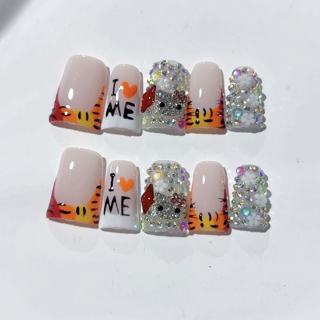 Amour tigre : "Je ❤️ MOI" – court forme carrée fait main ongles press-on