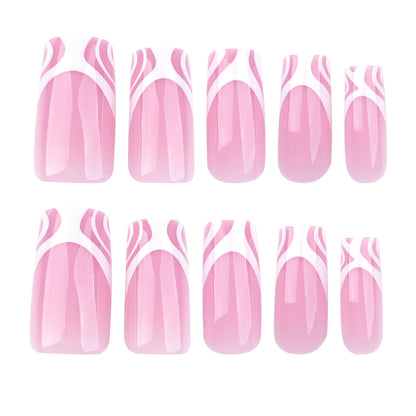 French white abstract striped manicure, fake nails, simple wearing nail pads,  square pink nail patches｜365nails