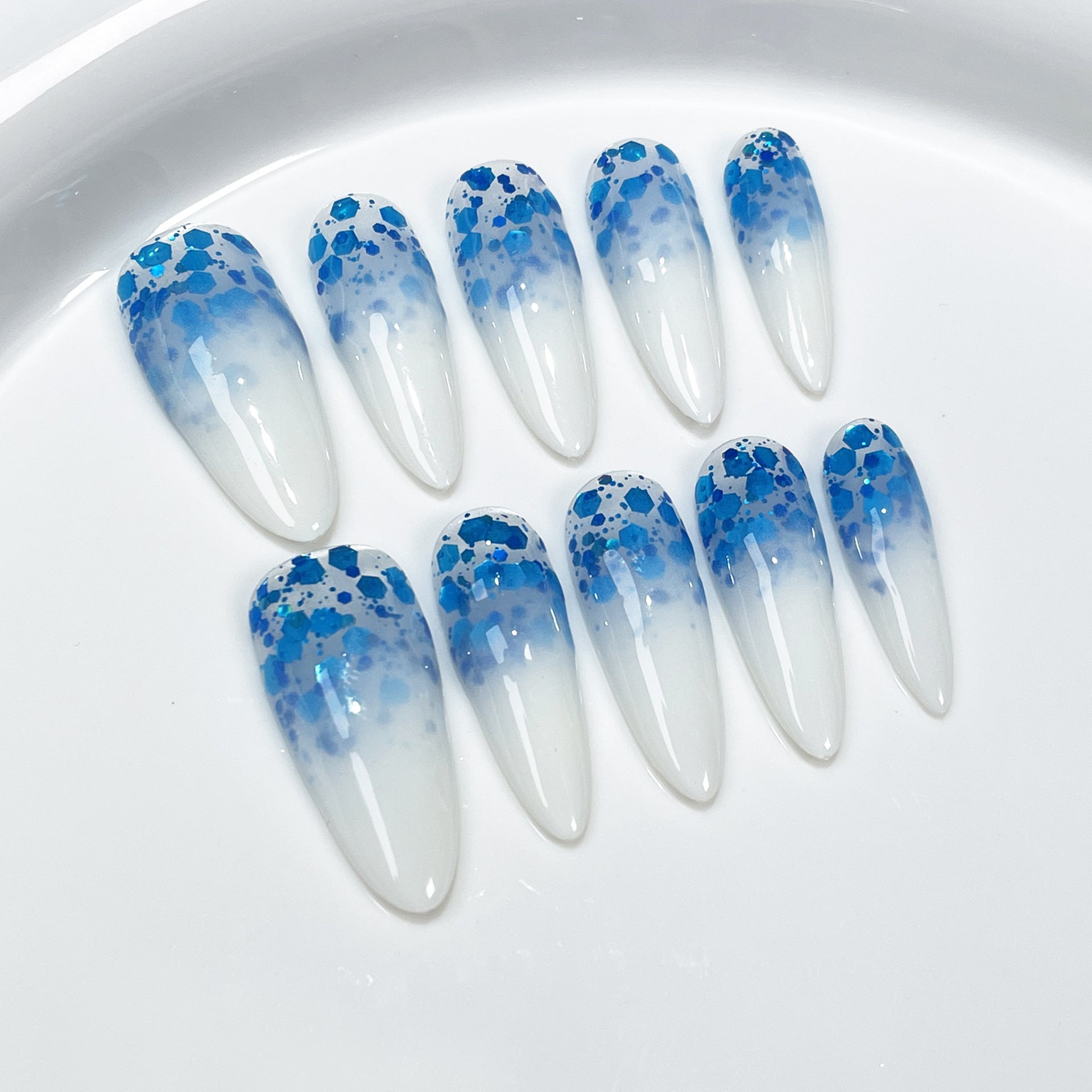 Uñas postizas hechas a mano, de dos colores, con cambio gradual, estilo parche coreano, uñas postizas largas y puntiagudas, estilo parche, uñas postizas grandes, medianas y largas | 365nails