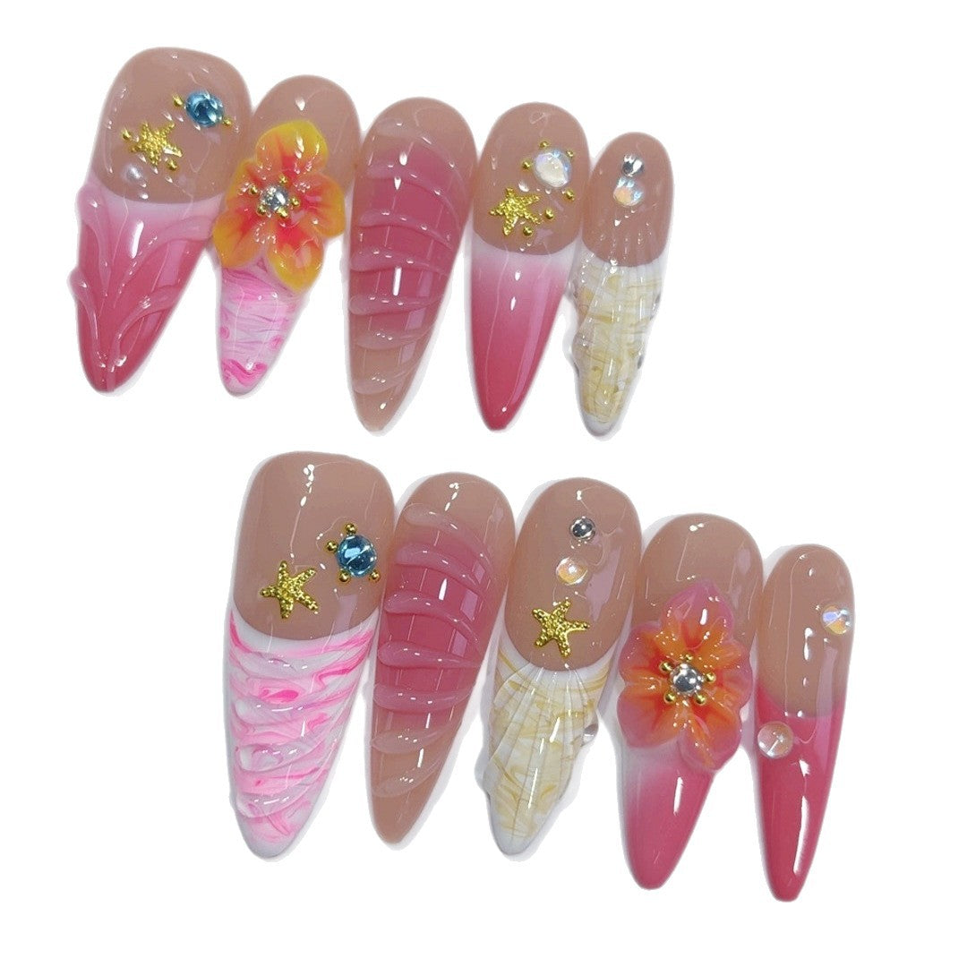 Tropical Starfish: "Pink Floral" – Almond Press-On Nails