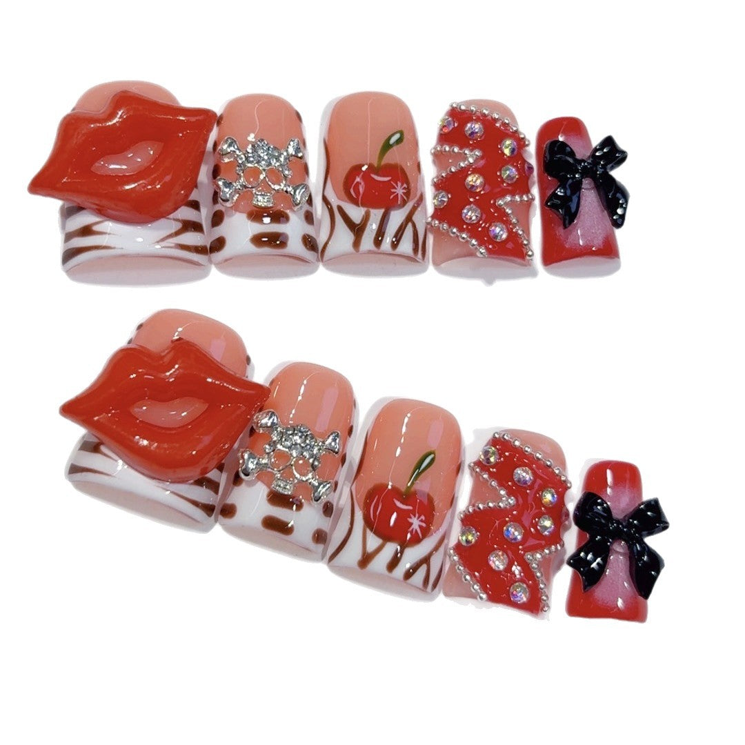 Série Pin-Up Retrô: "Beijo de Cereja" – Unhas Postiças Quadradas Curtas Feitas à Mão