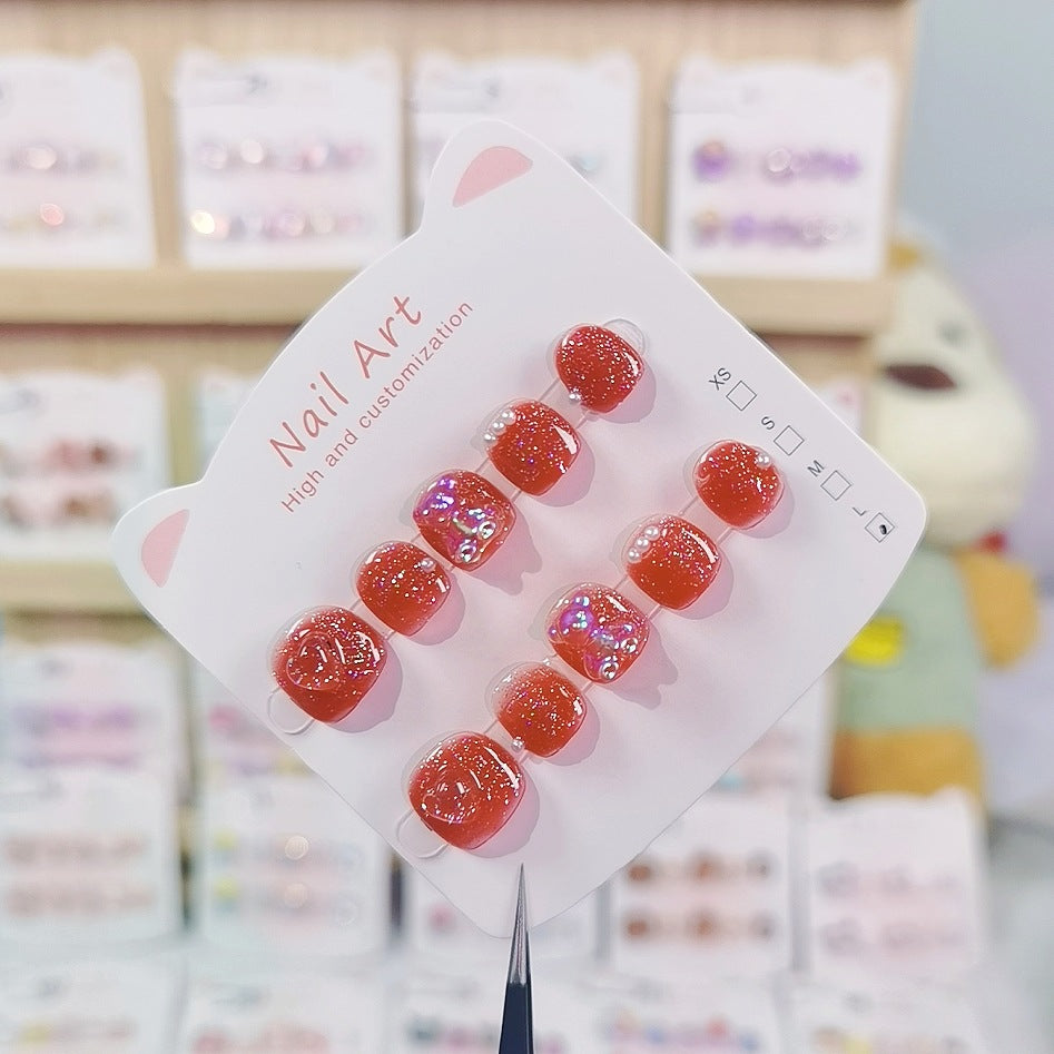 Red Glitter Crystal Cute Kids Press On Nails Set