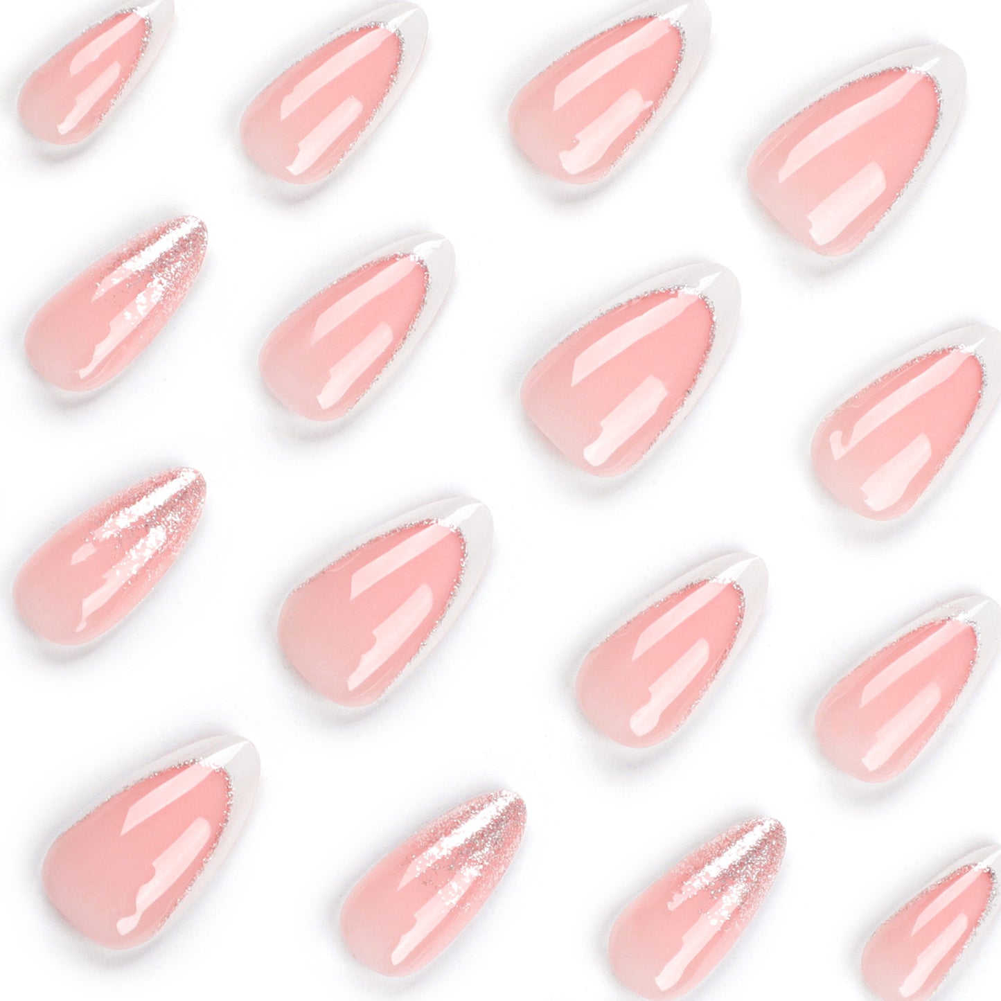 French white edge nude manicure fake nails silver glitter wear nail almond short nail piece nail piece wholesale｜365nails