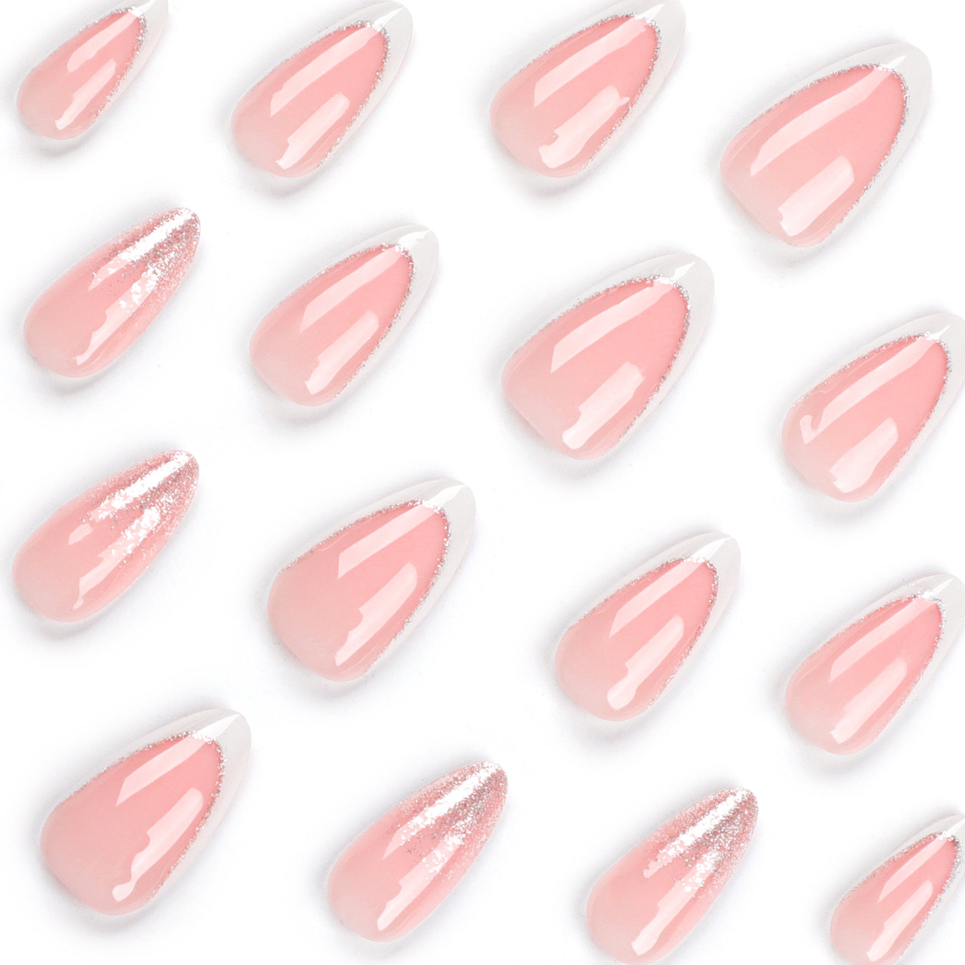 Faux ongles manucure nude avec bord blanc français, paillettes argentées, pièce d'ongle amande courte, vente en gros｜365nails