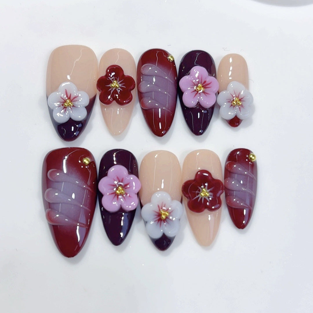 梅花夜色：「酒紅花卉」— 杏仁形手工製穿戴甲