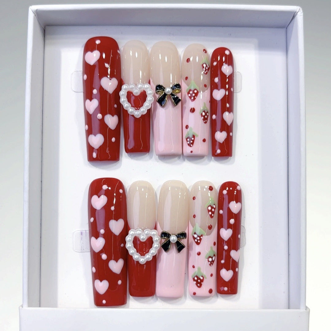 Red Strawberry Heart Sweet Glossy Press On Nails