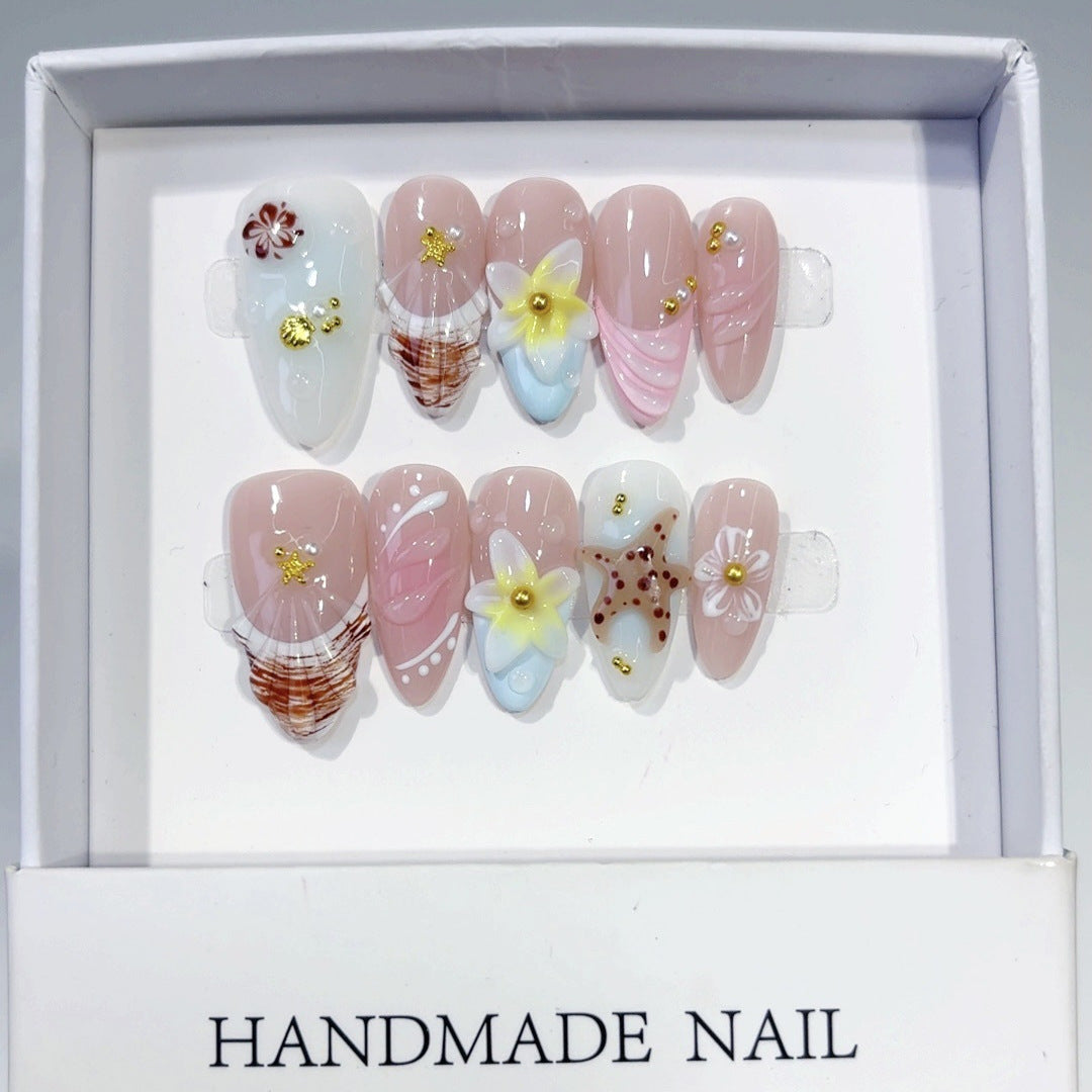 Beach Breeze: "Seashell & Floral" – Almond Press-On Nails