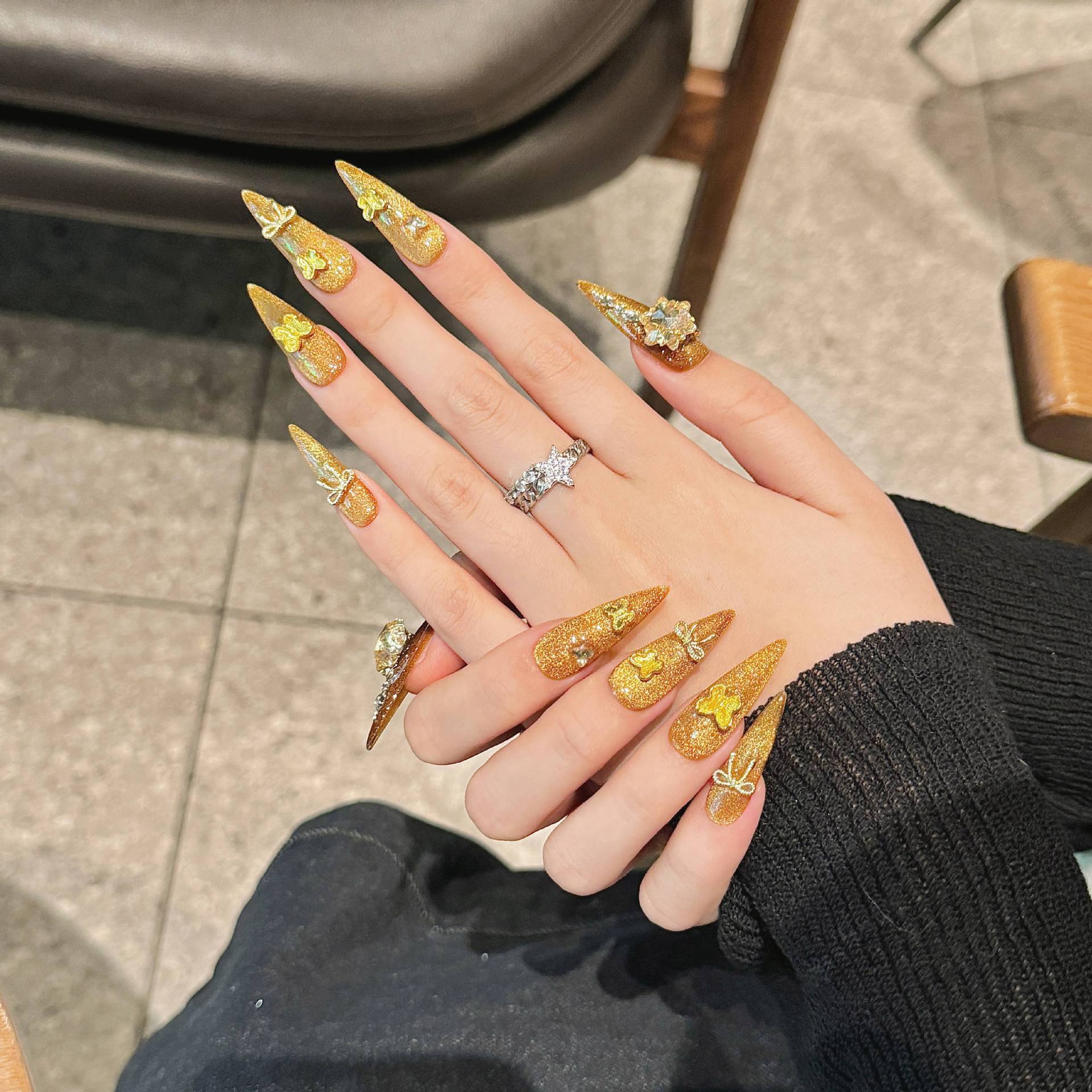 365nails: "Golden Dynasty" – 3D Floral & Gem Handmade Long Stiletto Nails