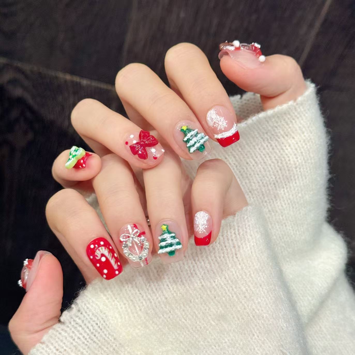 Cute Christmas Santa Tree Red Festive Press On Nails