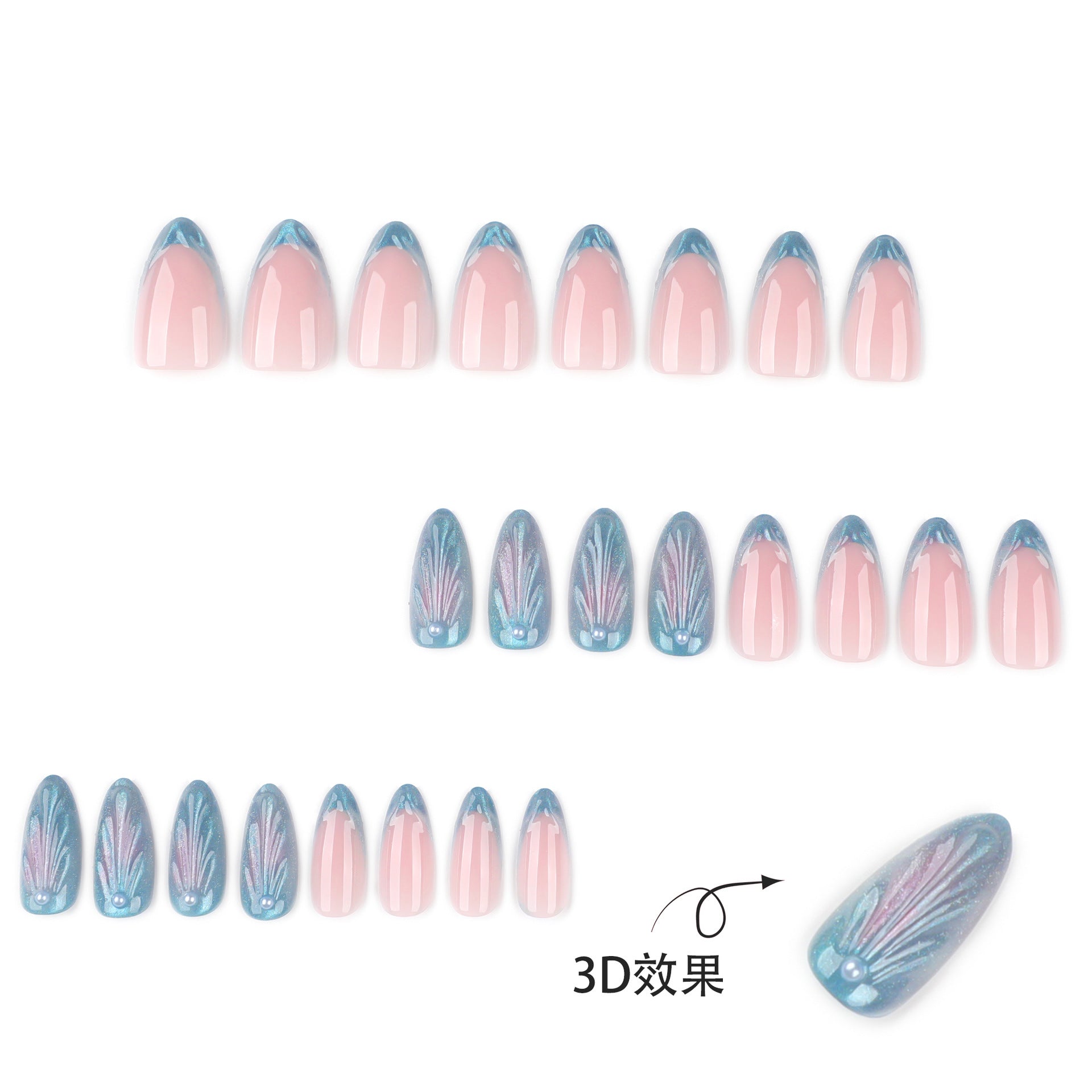 3D 물방울 블루 캣츠아이 프렌치 숏 아몬드형 프레스온 네일