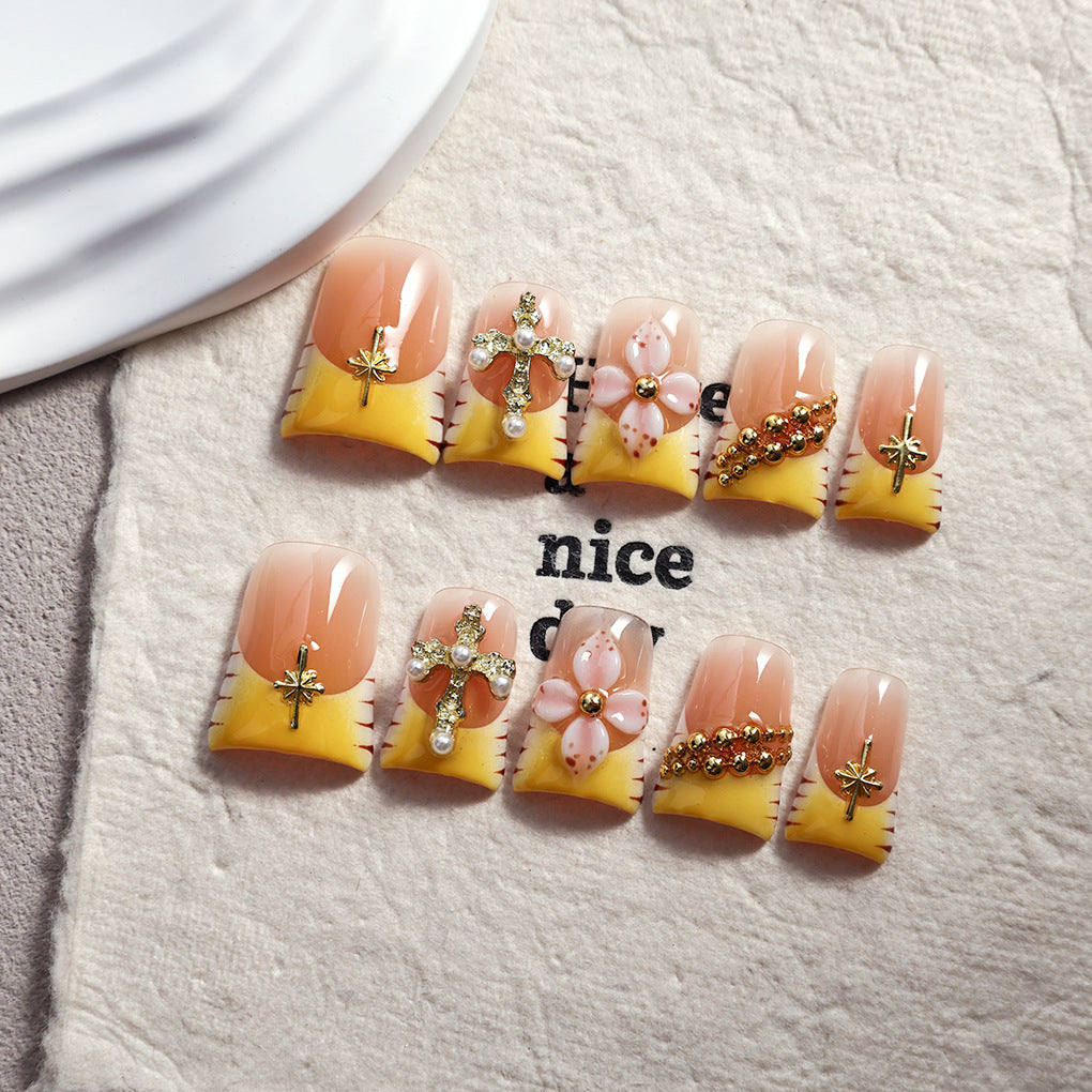 Apricot Yellow Duckbill Cross Accent Press On Nails