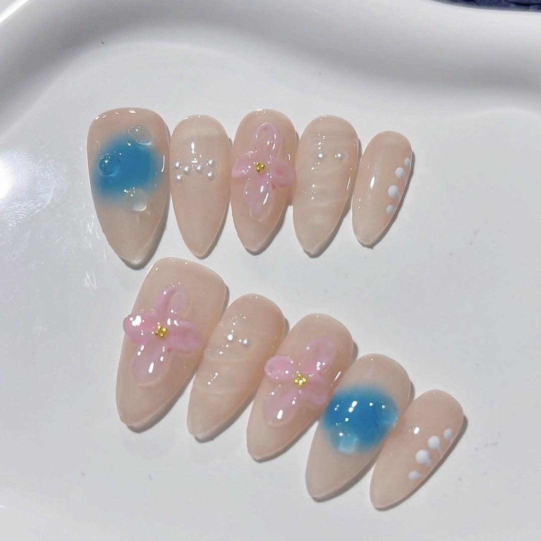 365nails-Lotus Whisper: "3D Ice Lotus" – Medium Almond Handmade Nails