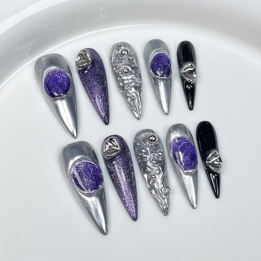 Handmade press on nails  long pointed flash trade metal sweet cool retro style nail patch wearable fake nails｜365nails
