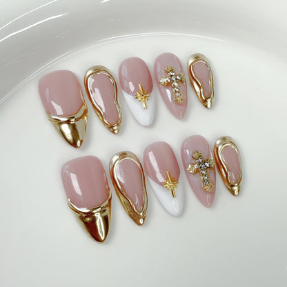 Ice transparent French   almond armor simple blush armor metal wind cross Handmade press on nails｜365nails