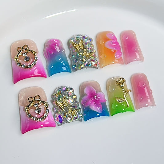 Duck bill nail three-dimensional carving ice transparent blush nail multi-color gradual change press-on nails pure handmade wholesale｜365nails