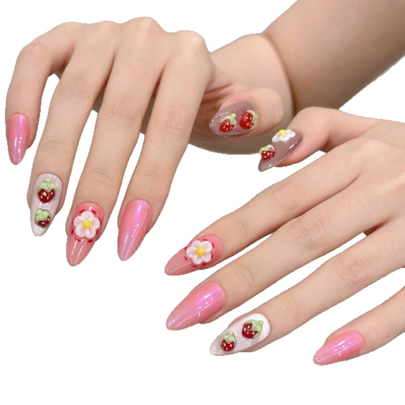 Three-dimensional pinched strawberry egg flower painted spring and summer pure handmade nails | 365nails