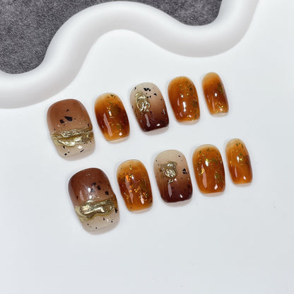 Maillard style short manicure amber smudge spray gun gradual change pure handmade press-on nails wholesale wearable nail sticker｜365nails