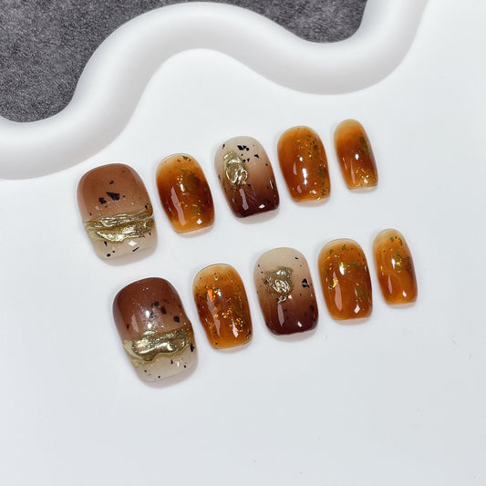 Maillard style short manicure amber smudge spray gun gradual change pure handmade press-on nails wholesale wearable nail sticker｜365nails
