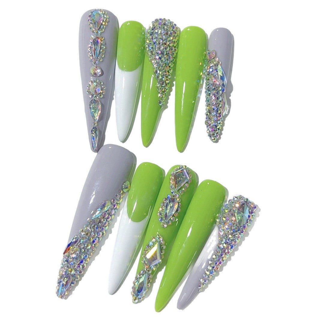 Neon Green Rhinestone Extra Long Press On Nails