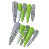 Neon Green Rhinestone Extra Long Press On Nails