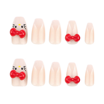 Naked white gradual change  short ballet manicure fake nail cute cat three-dimensional bow ｜365nails
