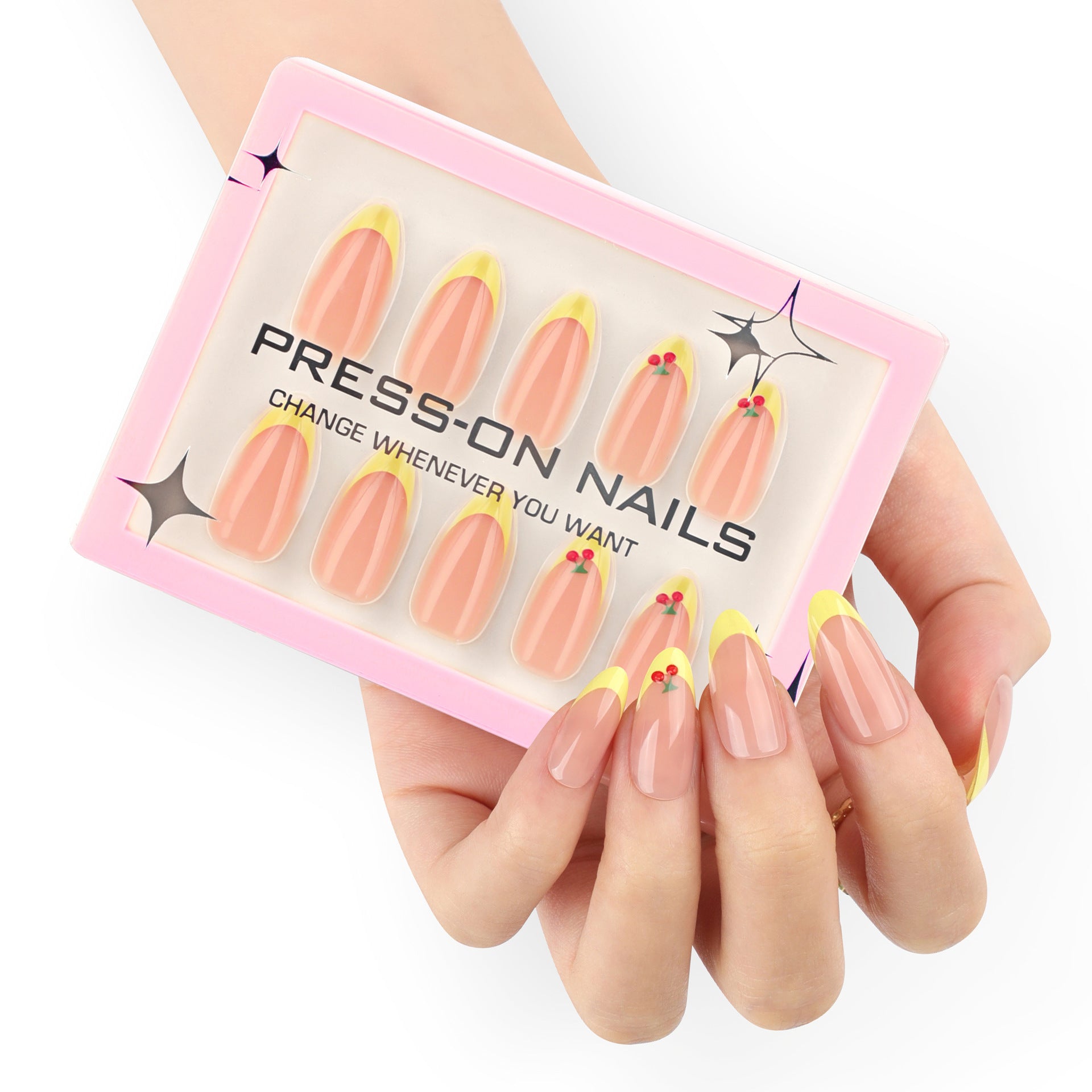 Cherry 3D three-dimensional simple and fresh French yellow almonds press-on nails