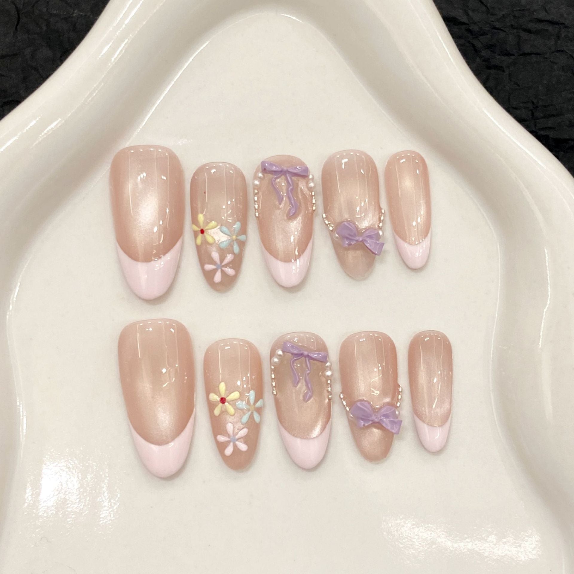365nails: "Garden Party" – 3D Floral Bow French Tip Handmade Almond Nails