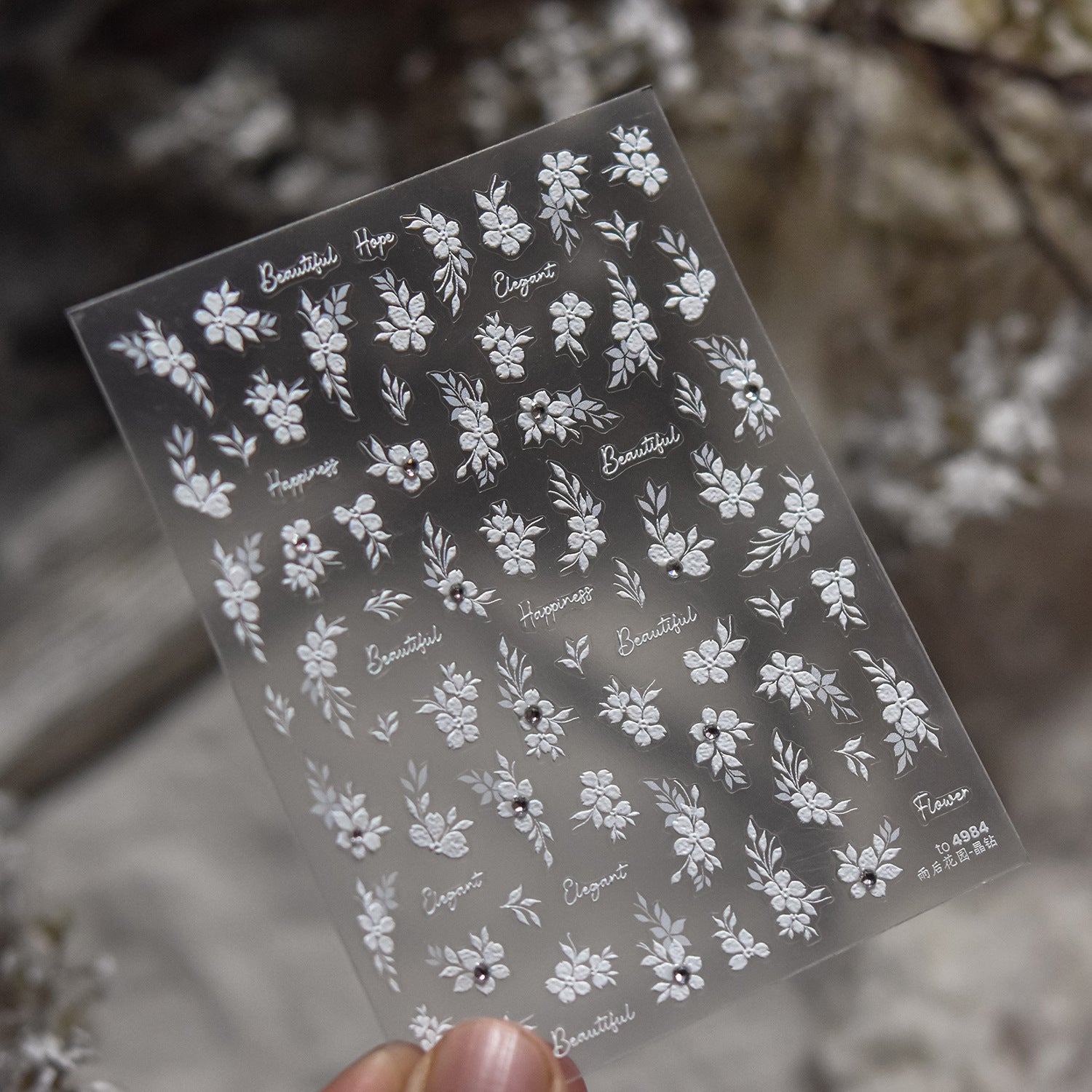 White Floral & Script: "Rainy Garden" – 5D Crystal Diamond Nail Sticker