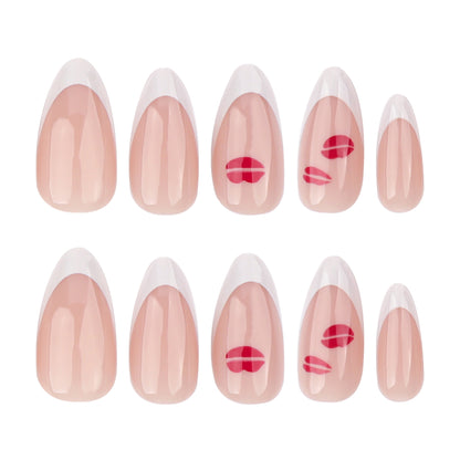Classic French White Nail Art Nail Patch Short Almond False Nail Romantic Red Lip Print Solid Color Nail Patch｜365nails