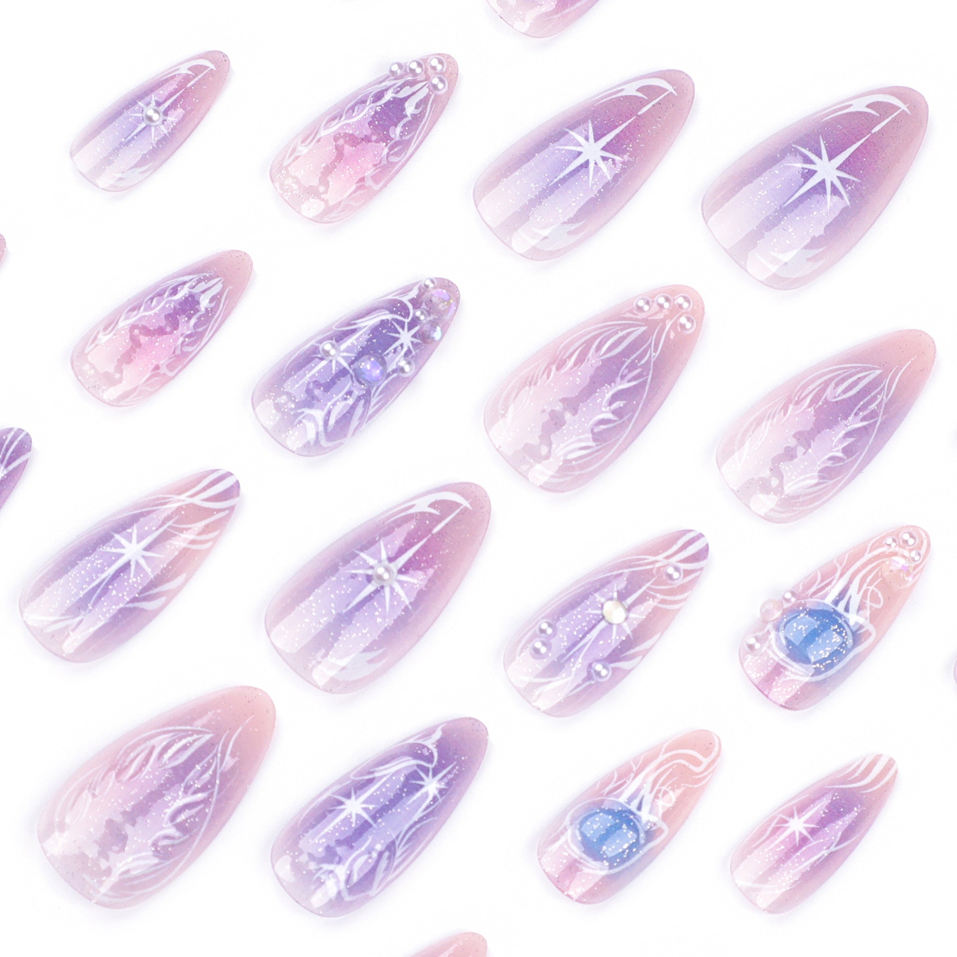 紫色暈染夢幻穿戴甲／甲片｜星光珍珠短款杏仁形｜365nails