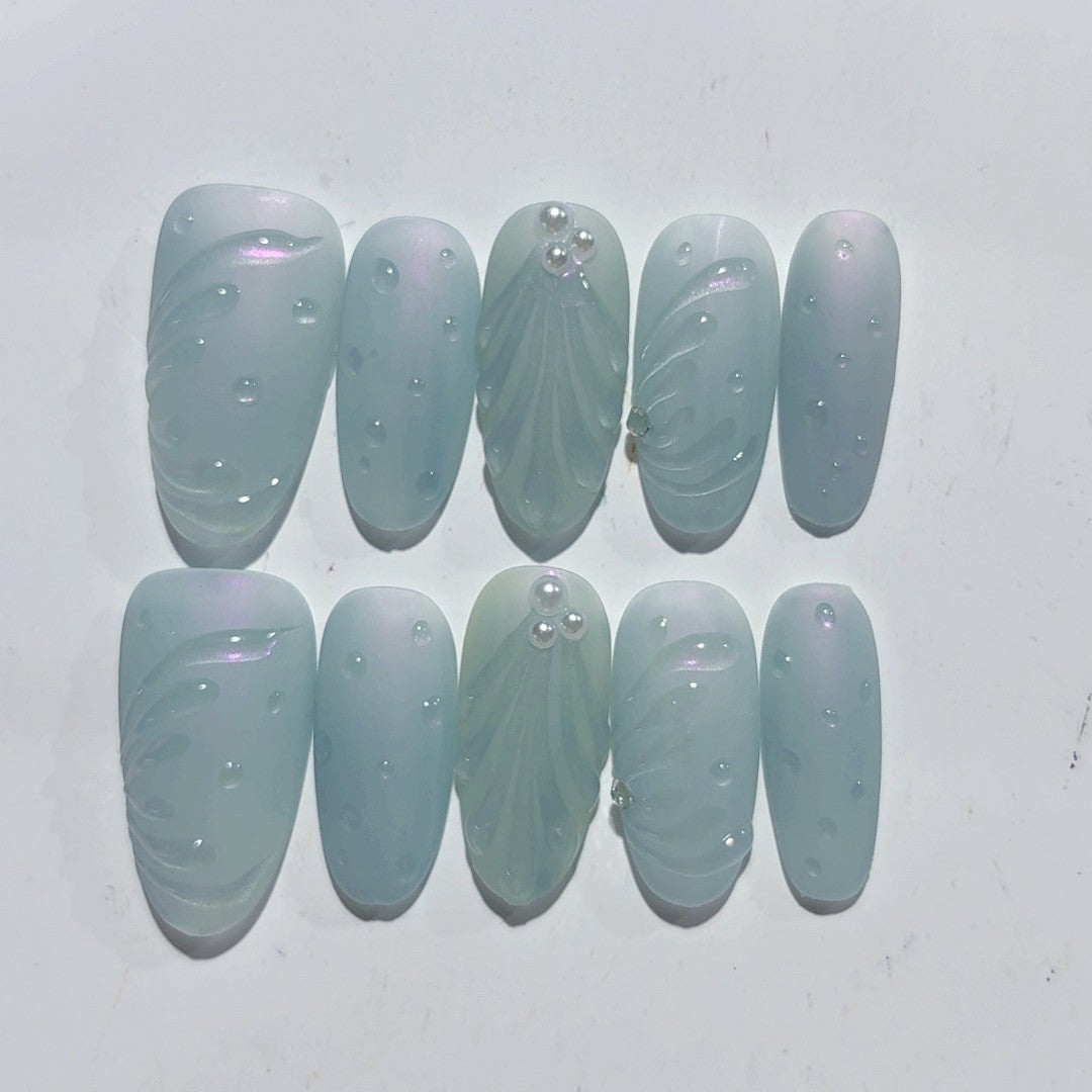 365nails-Jade Serenity: "Misty Leaf" – Almond Shape Handmade 3D Carved Press-On Nails